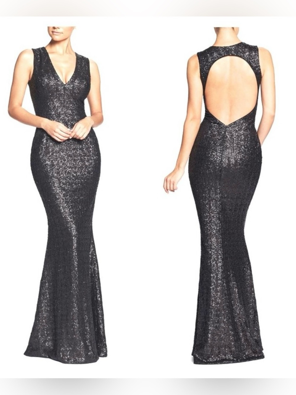 Dress the Population Long Black Sequin Open Back Dress, large